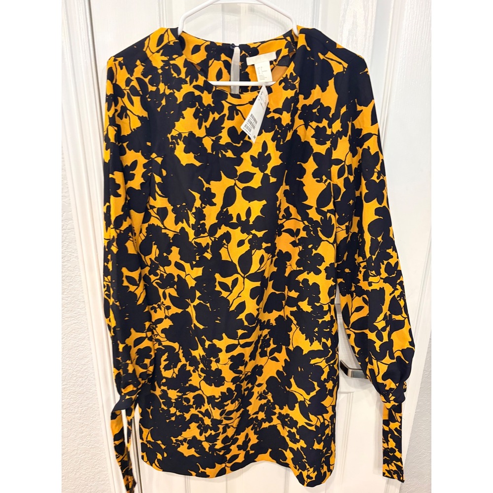 H&M Blouse Yellow Black Floral Long Sleeve Tie Cuff Top NWT